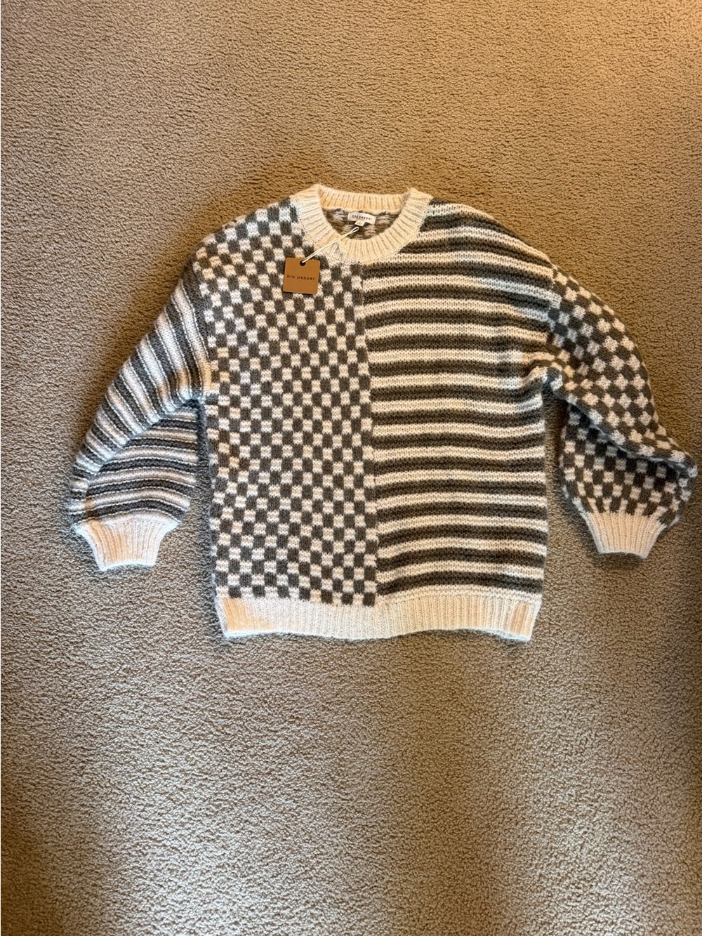 Checker & Stripe Crewneck Sweater - Gray and Cream